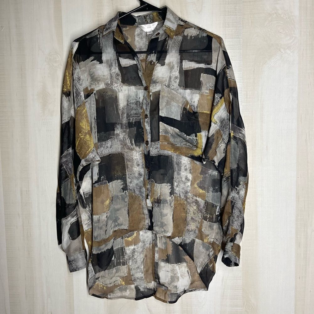 ZOA black, gold, gray blouse long sleeve,‎ high low hem, size XSmall